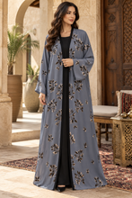 Load image into Gallery viewer, Gray & Black Leaf Print Chiffon Abaya | عباية شيفون رمادي وأسود بنقشة أوراق