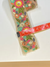 Load image into Gallery viewer, Beige embroidered lace. Price by pre cut pieces.
