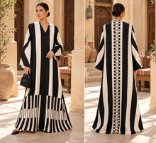 Load image into Gallery viewer, Black &amp; Ivory Geometric Stripe Abaya | عباية أسود وعاجي بطبعة هندسية مخططة
