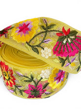 Load image into Gallery viewer, Yellow embroidered lace ribbon. 4.5cm wide. Price per metre.
