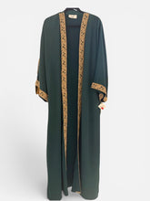 Load image into Gallery viewer, Dark Green abaya with gold lace. Size 57 inch.
