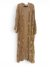 Load image into Gallery viewer, Beige pure chiffon silk abaya with bead work. Pure silk lining.
