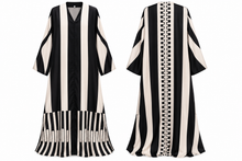 Load image into Gallery viewer, Black &amp; Ivory Geometric Stripe Abaya | عباية أسود وعاجي بطبعة هندسية مخططة
