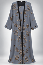 Load image into Gallery viewer, Gray &amp; Black Leaf Print Chiffon Abaya | عباية شيفون رمادي وأسود بنقشة أوراق
