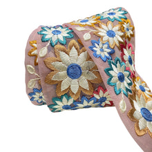 Load image into Gallery viewer, Pink multi color embroidered wide ribbon.
