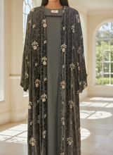 Load image into Gallery viewer, Dark Gray pure silk chiffon velvet abaya with embroidered gold motifs.Size 57 inch. (
