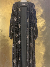 Load image into Gallery viewer, Dark Gray pure silk chiffon velvet abaya with embroidered gold motifs.Size 57 inch. (
