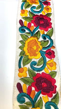 Load and play video in Gallery viewer, Embroidered ribbon yellow and red. 7cm wide. Price per metre.
