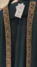 Load and play video in Gallery viewer, Dark Green abaya with gold lace. Size 57 inch.
