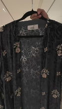 Load and play video in Gallery viewer, Dark Gray pure silk chiffon velvet abaya with embroidered gold motifs.Size 57 inch. (
