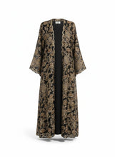 Load image into Gallery viewer, RetrolaneTreasures black longline kimono duster with gold paisley print and shimmering threads. Open front with wide sleeves.
