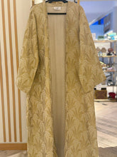 Load image into Gallery viewer, RetrolaneTreasures fancy pure silk woven abaya in gold with a paisley pattern, 57 inch length.
